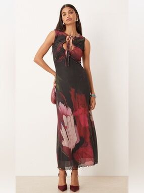 ASOS Black Maxi Dress with Red & Pink Floral Print